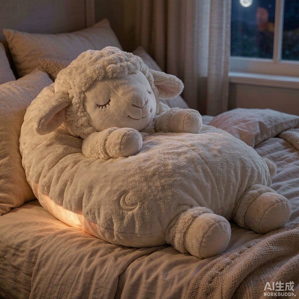 咩安AI助眠羊毛绒玩具设计效果图，助眠场景定位