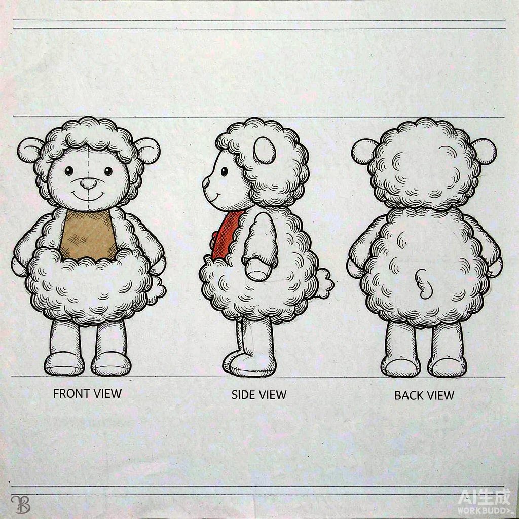 云咩生肖羊毛绒玩具三视图设计草图，标注正视图侧视图与背视图